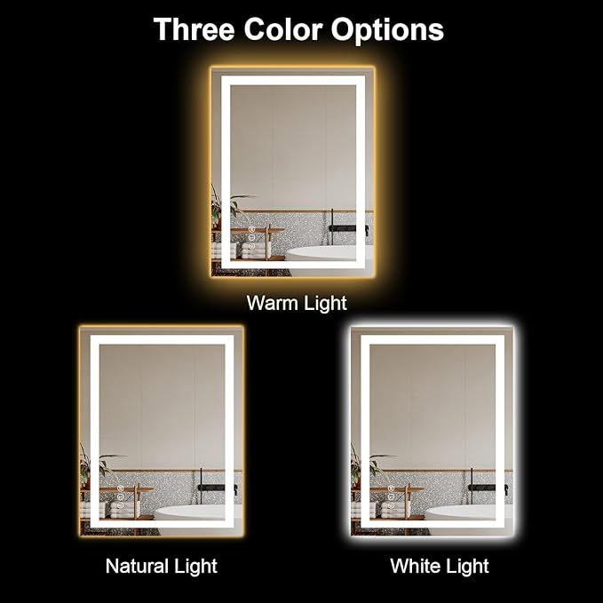 Awoco 28''x36'' LED Bathroom Mirror with Light, Lighted Vanity Mirror with Backlit and Front Light, Dimmable Anti-Fog Memory Function Lighted Mirror with 3 Colors for Bathroom Wall
