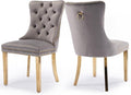 Velvet Upholstered Dining Chairs Set of 2, Modern Style Kitchen Side Chairs with Nailhead Trim and Gold Plated Leg, Metal Pulling Ring for Dining Room Living Room(Gery-Gold Plated Leg)