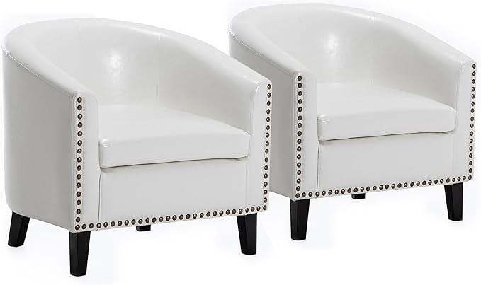 BELLEZE Accent Barrel Chairs Set of 2, Modern Tub Club Chairs Upholstered Armchairs for Living Room, Faux Leather Chairs with Gold Nail Head Trim Black Legs - Kyara (White)