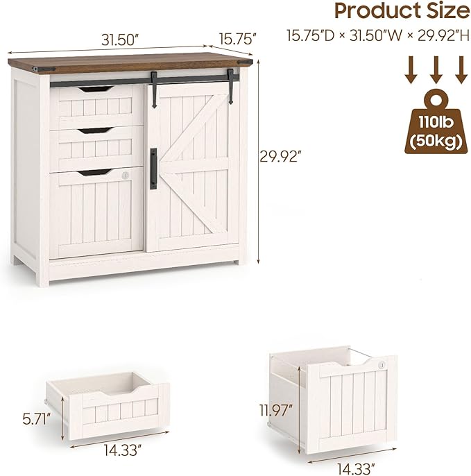 Vabches Lateral File Cabinets with Adjustable Shelf, Farmhouse Filing Cabinet with Lock for Home Office, Filing Organization Storage Cabinets with Sliding Barn Door for Hanging Files Letter/A4.(White)