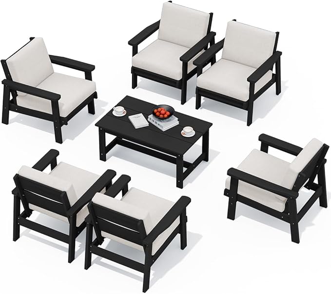 SERWALL Patio Conversation Sets, 7 Piece, Black Frame with Khaki Cushions