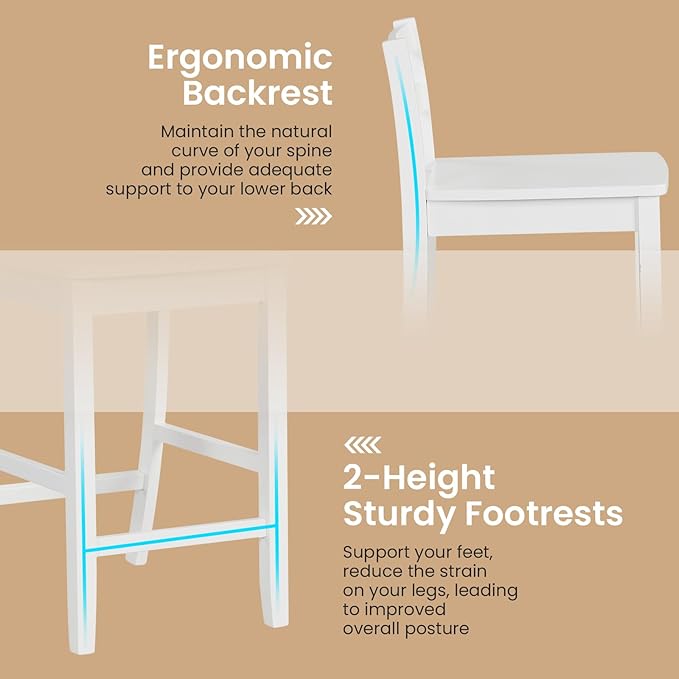 COSTWAY Wooden Bar Stools Set of 4, 24-Inch Counter Height Stools with Ergonomic Backrest & Footrest, Farmhouse High Dining Chairs for Kitchen Island, Pub, Cafe (4, White)