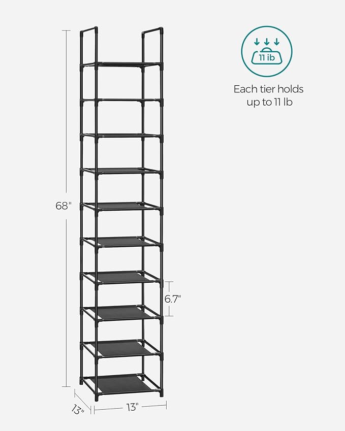 SONGMICS Shoe Rack, 10-Tier Shoe Shelf, Shoe Storage Organizer, 13 x 13 x 68 Inches, Metal Frame, Non-Woven Fabric Shelves, for Entryway, Bedroom, Black ULSR110B02