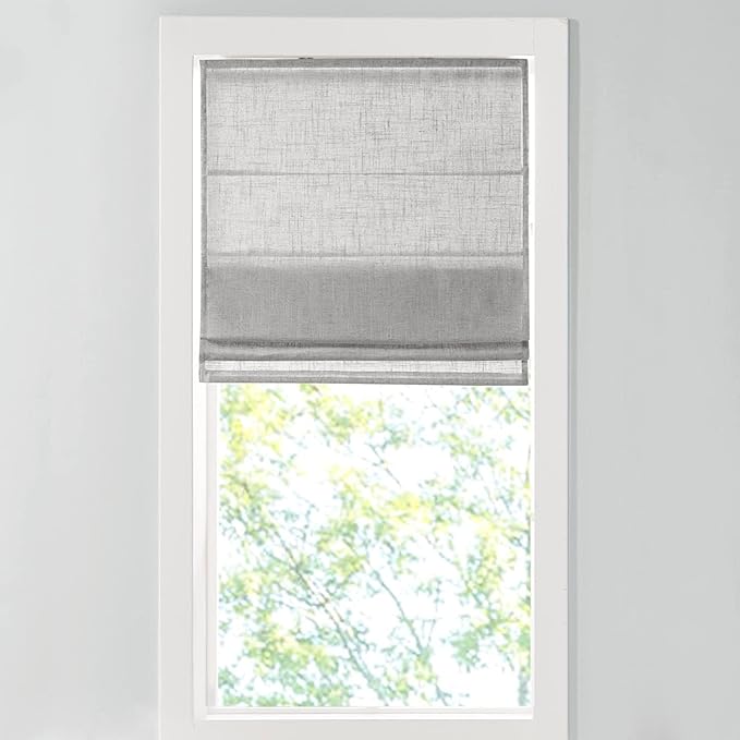 Madison Park Kyler Cordless Roman Shades - Single Panel, Lightweight Linen Blend Fabric, Natural Design, Easy Installation, Light Filtering Window Blind, Bedroom, Living Room Decor 34" W x 64" H Grey