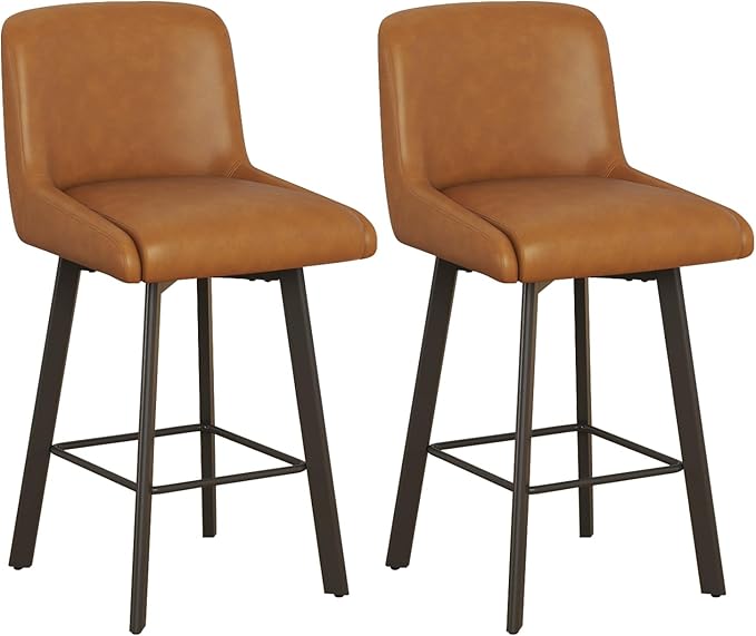 Swivel Counter Height Bar Stools Set of 2, 26''H Upholstered Barstools with Backs, Modern Bar Stool Chairs for Kitchen Island, Metal Legs, Faux Leather, Whiskey Brown Stools Counter Chair