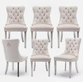 Velvet Upholstered Dining Chairs Set of 6, Modern Style Kitchen Side Chairs with Nailhead Trim and Silver Plated Leg, Metal Pulling Ring for Dining Room Living Room