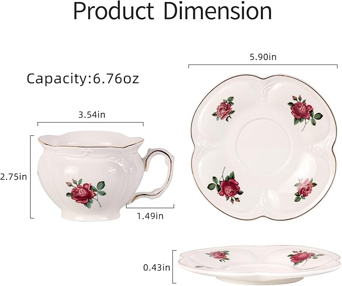 KAMMAK Tea Cups and Saucers Set of 2, Porcelain Coffee Cups, 6.8-Ounce Stackable Espresso Mugs, Ceramic Demitasse for Coffee, Latte, Americano, Tea, Baroque Rose