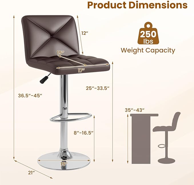COSTWAY Bar Stools Set of 4, Modern PU Leather Swivel Bar Chairs, Height Adjustable Upholstered Barstools with Premium Gas Rod, Sturdy Footrest, Round Base, for Kitchen, Dining Room, Office,Brown