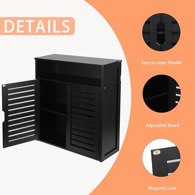 HYNAWIN Wall-Mounted Black Bathroom Cabinet with Double Doors, Bamboo Storage Shelf Organizer for Kitchen, Living Room, or Bathroom
