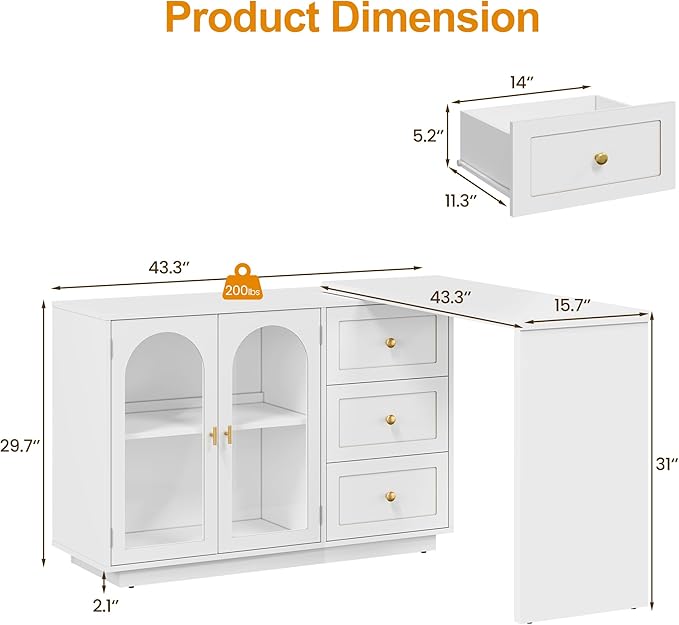 RoyalCraft L Shaped Home Office Desk, Large Extendable and Rotatable Desk with 3 Drawers and 2 Doors, Corner Computer Desk, Modern Study Writing Table for Bedroom, Home Office, White