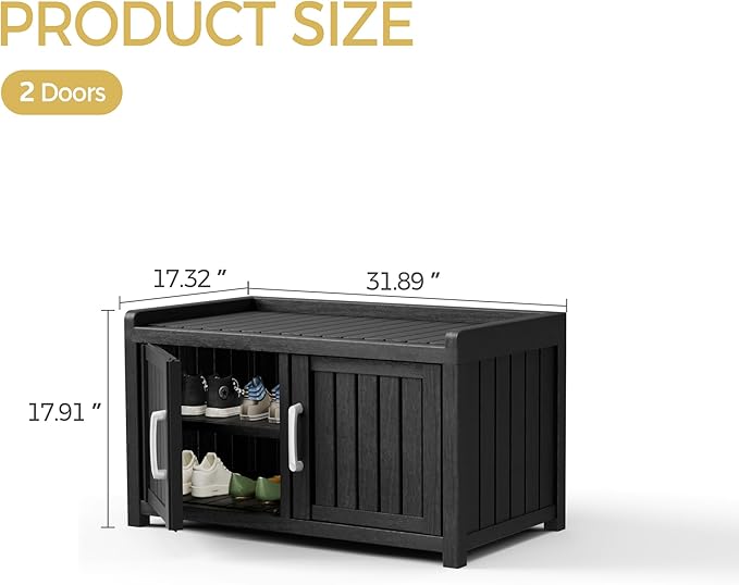 Storage Bench - 2 Doors Waterproof Resin Shoe Bench with Adjustable Shelves - Indoor & Outdoor Use, Entryway Bench with Seating for Bedroom, Living Room, Hallway - Black