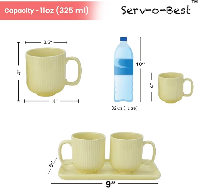 Ceramic Coffee Mugs with Handle Set – 2-Piece 11 Oz Ceramic Coffee Cups & 9" Tray, Handmade Lemon Yellow Color, Microwave Safe Gift Set for Tea Lovers, Home Kitchen Décor