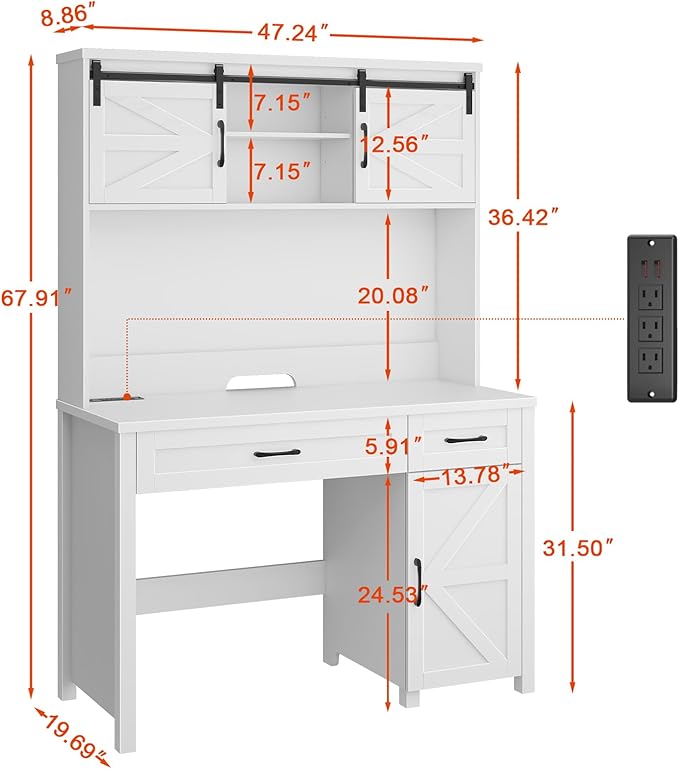 Vabches Farmhouse 47" Executive Desk, Computer Desk with 2 Drawers and Storage Cabinet, Home Office Desk with Hutch, Charging Hub, Workspace for Work and Study,(Cream White)