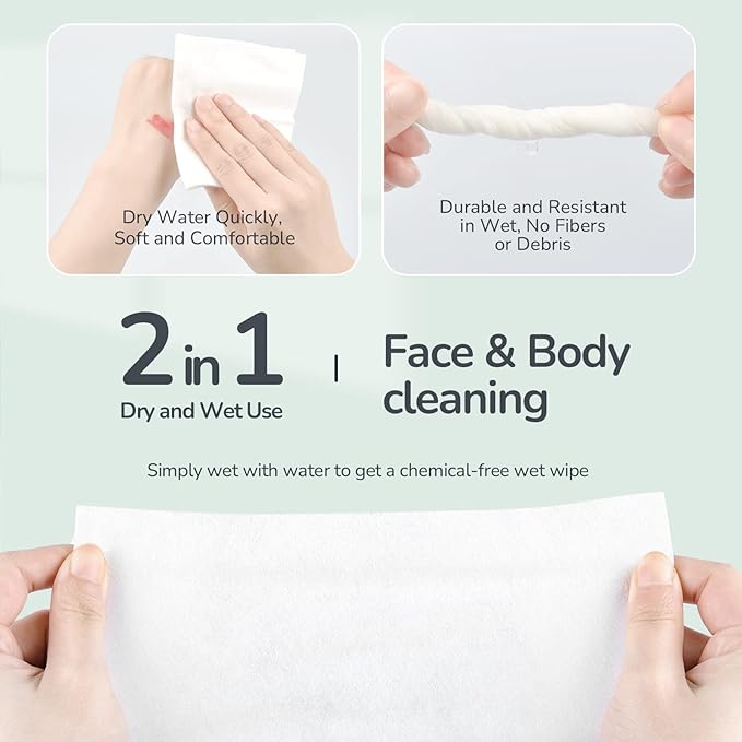 Disposable Face Towel 300 Cont, 7.9"X7.9"Clean Face Towelettes for Washing Face, 100% Cotton Soft Dry Wipe, Biodegradable Face Towels & Facial Tissuel Travel Size for Cleaning,Makeup Removal
