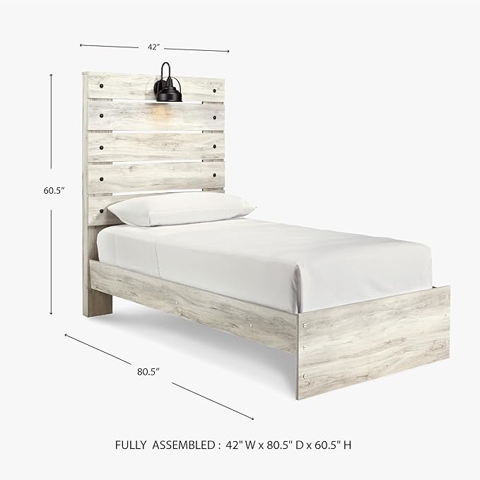 Signature Design by Ashley Cambeck Farmhouse Twin Panel Bed with Sconce Light and USB Ports, Foundation or Box Spring Needed, Whitewash
