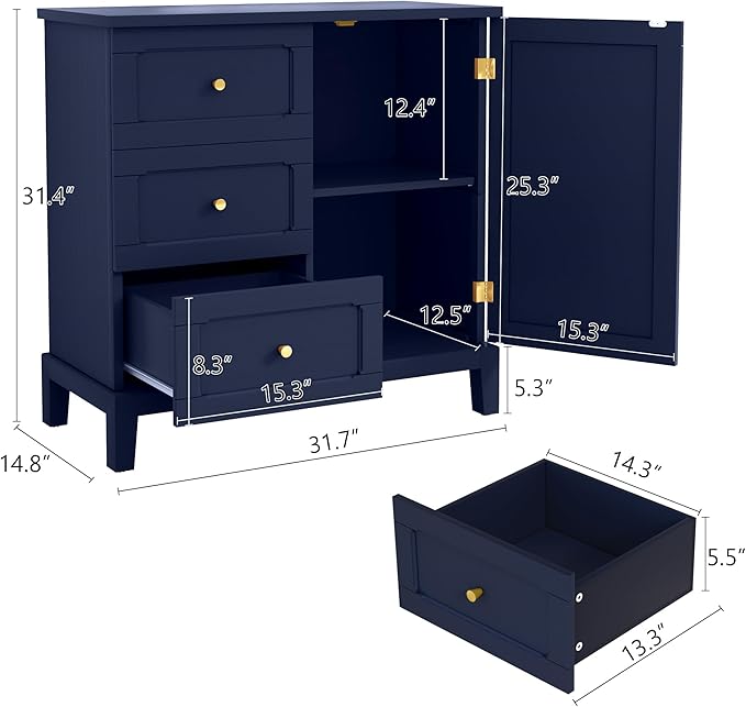 HLR Accent Cabinet with 3 Drawers and Door, Wooden Storage Cabinet with Shelves, Sideboard for Living Room, Entryway, Navy Blue