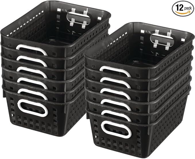Really Good Stuff Medium Plastic Book Baskets, 11" by 7.5" by 4.5" - 12 Pack, Black, Versatile Storage Solution for Classroom, Home and Office, Toy Storage, Multi-Purpose Organizer Basket