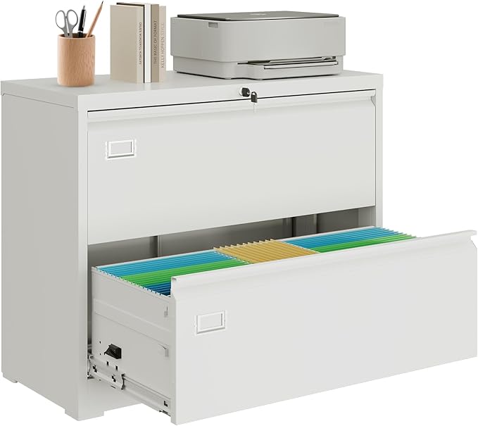 DEVAISE Metal Lateral File Cabinet with Lock, 2 Drawer Filing Cabinets for Home Office, Wide Storage Organization for Hanging Files Letter/A4/Legal/F4 Size, White, 16" D x 35" W x 29" H