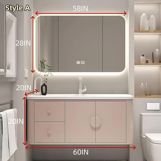 60IN Pink Modern Bathroom Vanity - Bathroom Vanities Set with 2 Drawers Wall Mounted | Rounded Corner Smart Defogging Mirror Cabinet with Lighting & Time Display, Side Opening Storage Shelf (Style A)