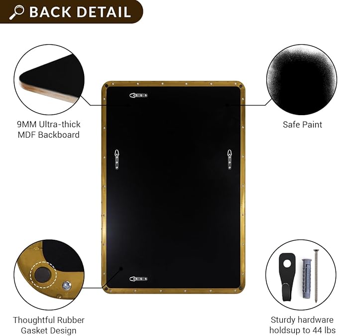 ANDY STAR 36”x48”Gold Bathroom Mirror for Wall, Brushed Brass Metal Rounded Corner Rectangle Mirror, Wall Mirror in Stainless Steel Metal Frame, 1”Deep Set Design Hangs Horizontal Or Vertical