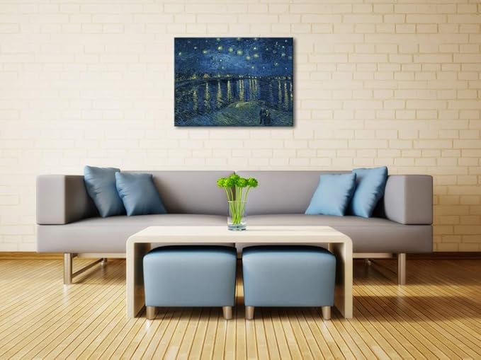 Wieco Art Starry Night Over The Rhone by Van Gogh Classical Oil Paintings Reproduction Large Modern Stretched and Framed Canvas Print Wall Art Seascape Pictures Giclee Artwork for Home Office Decor