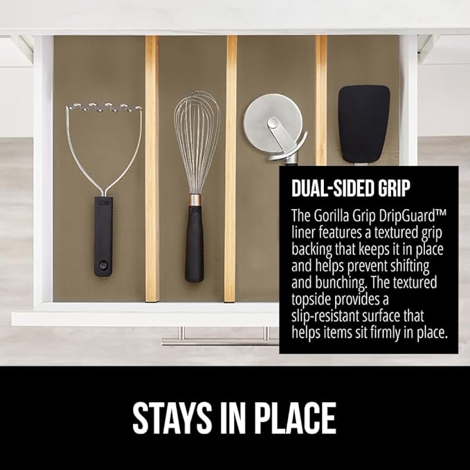 GORILLA GRIP DripGuard Shelf Liner, Non Adhesive Drawer and Kitchen Cabinet Protector, Slip Resistant BPA Free Smooth Surface Plastic Liners for Cabinets, Bathrooms, Closets, 17.5x240 Inch, Beige