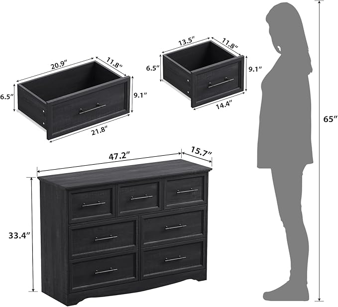 Black Farmhouse Dresser for Bedroom, Modern 7 Chest of Drawers, 47" Wide Chest of Drawers w/Brushed Metal Handle, Wood Dresser TV Stand and Storage Cabinet for Bedroom, Living Room, Hallway