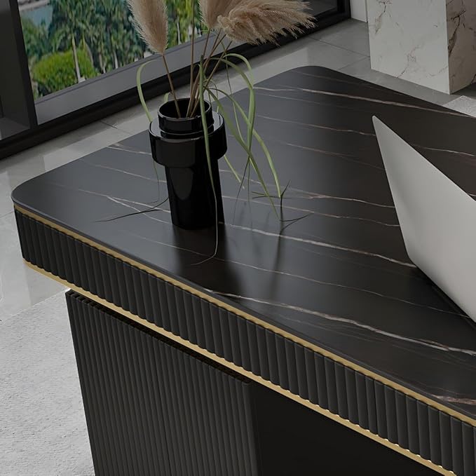 RUNNUP Stone top Computer Desk with 5 Drawers, Rectangular Home Computer Desk Writing Desk, Modern Executive Desk, Without Chairs, Black, 47.5" L x 23.5" W x 29.5" H