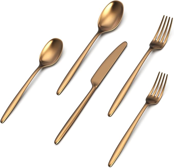 JazzUpCo Ava Flatware Flatware non toxic 18/10 stainless steel dishwasher safe (Matte Gold, 16 Person Set (80 Pieces))
