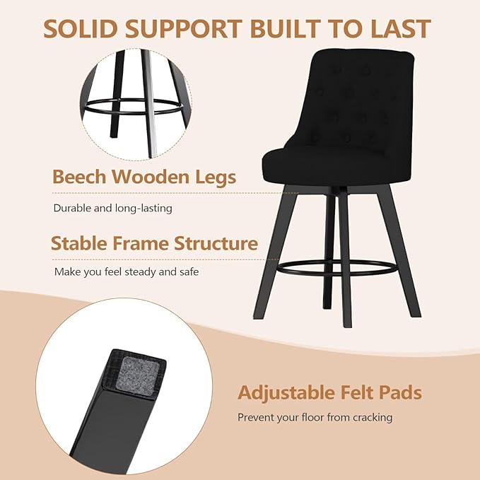 MINCETA Set of 2 Upholstered Bar Stools - 26 Inch Swivel Counter Height Stools with Low Tufted Back, Footrest & Performance Fabric - Round Seat for Kitchen Island & Home Bar Black