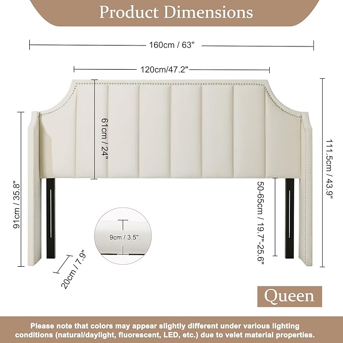 Lucky Monet Luxurious Headboard Only Queen Size with Wingback, Velvet Upholstered Tufted Headboard with Nailhead Decor for Bed, Adjustable Height Curved Head Board Vertical Channel Design (Cream)