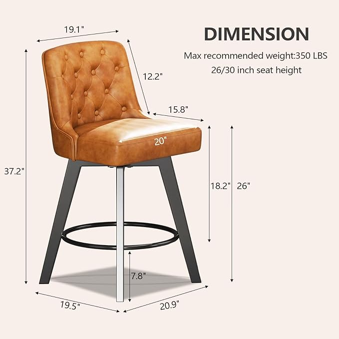 MINCETA Bar Stools Set of 4, PU Leather Barstools, 26 Inch Upholstered Counter Stools with Low Tufted Back and Footrest, Swivel Counter Height Barstools for Kitchen Island Home Bar Brown