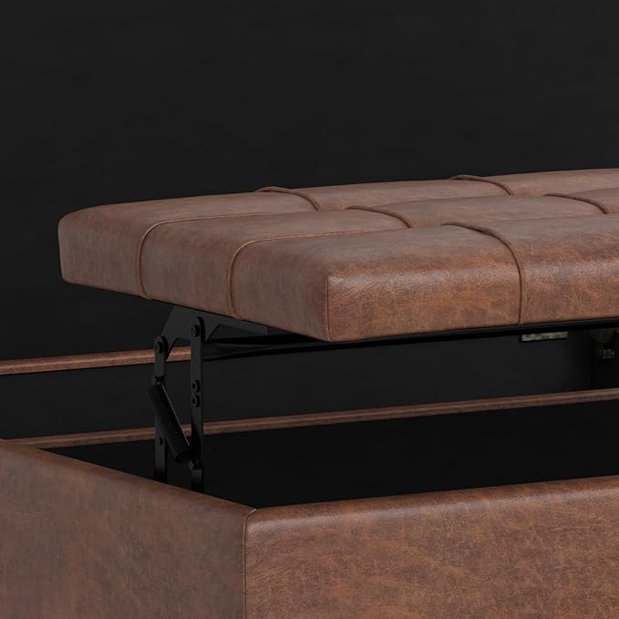 SIMPLIHOME Harrison Large Coffee Table Storage Ottoman - 40 inch Wide Upholstered Vegan Leather Square Lift-Top Ottoman in Distressed Saddle Brown, Transitional Bench for Living Room with Sturdy Base