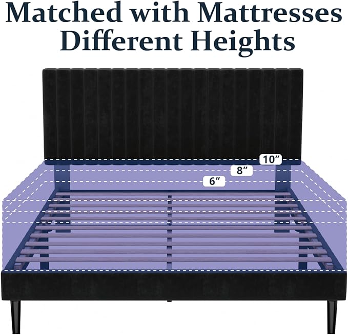 Queen Size Platform Bed Frame with Velvet Upholstered Headboard, Queen Bed Frame with Strong Wood Slats, Box Spring Optional, Mattress Foundation, Easy Assembly Black