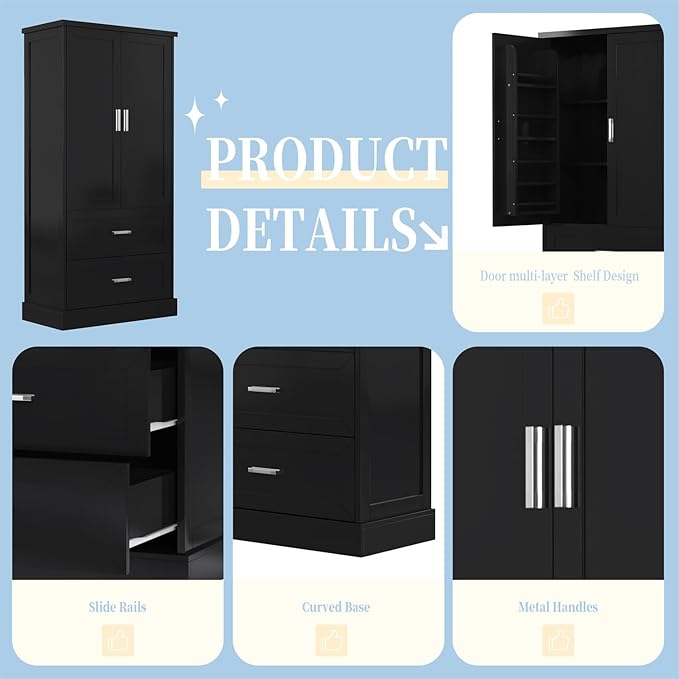Polibi Tall Storage Cabinet with 2 Doors, 2 Drawers, 4-Tier Storage Racks of Each Door, Adjustable Shelf, Floor Free-Standing Cabinet for Bathroom, Living Room, MDF Board, Black