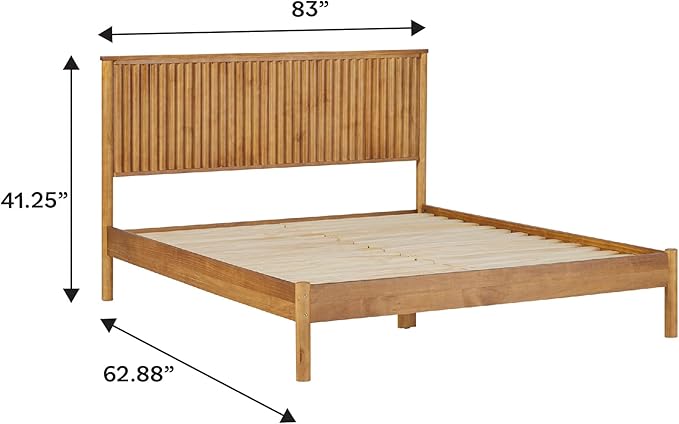 Walker Edison Queen Modern Reeded Headboard Solid Wood Bed, Queen Size, Blonde
