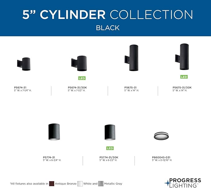 Progress Lighting 5-Inch Cylinder Outdoor Ceiling Light, 1-Light Modern Flush Mount Ceiling Light Fixture, Interior and Exterior Lighting for Home or Porch, Aluminum Construction, Black (P5774-31)