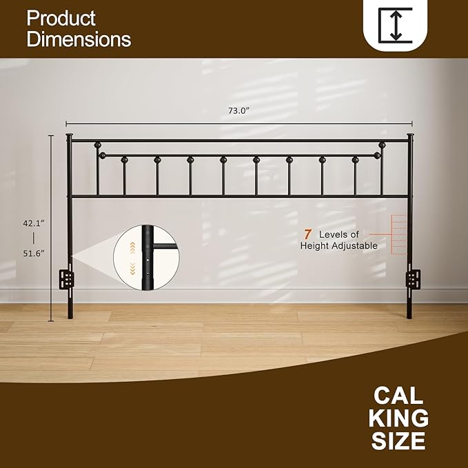 Metal California King Size Headboard - Adjustable Height - Victorian Farmhouse Style, Easy Assembly, Attach Frame, Steel Cal King Headboard Only for Bedroom, Black