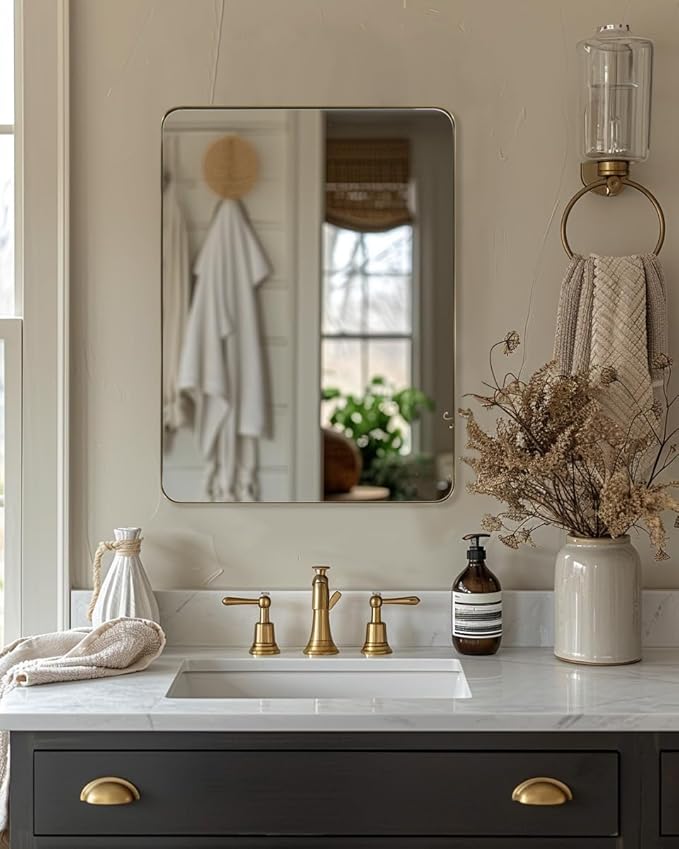 Andy Star Gold Bathroom Mirror,22x30'' Brushed Brass Metal Frame Rounded Corner Wall Mirror,Rectangle Wall Mounted Mirror Glass Panel Hangs Horizontal or Vertical for Bathroom,Vanity,Washroom