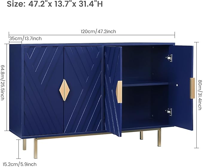 Sideboard Buffet Cabinets with Storage, 47.2" Modern Storage Cabinets with Relief Doors, Accent Cabinets with Adjustable Shelves, Wood Console Cabinet for Dining Living Room, Entryway, Blue