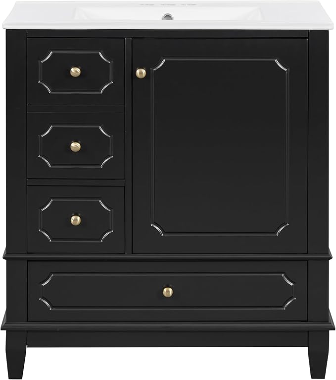 Bathroom Vanity with Ceramic Sink 30 inch, Multi-Functional Storage Cabinet with Drawers and Door Shelf, Solid Wood Frame, Soft-Closing Door, Black