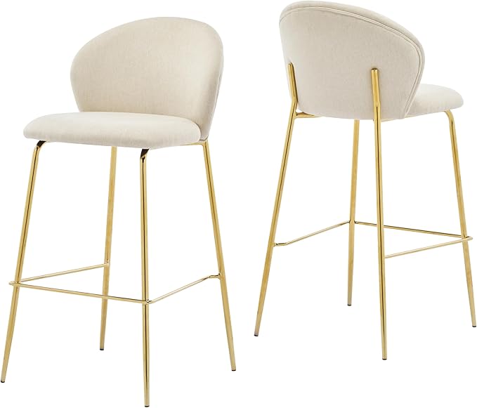 Christopher Knight Home Kira Indoor Upholstered Barstool with Metal Frame Set of 2, Bar Chairs Kitchen Stools, Comfy Fabric Bar Seating for Island Home Office, 29.5''Seat Height, Beige+Gold