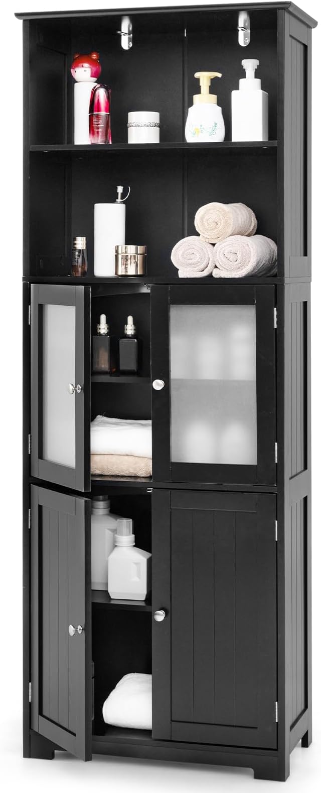 LOKO Tall Bathroom Cabinet, Modern Storage Organizer with Doors & Open Shelves, Wooden Floor Cabinet with Adjustable Shelves for Bathroom, Living Room or Kitchen (Black)