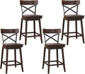 COSTWAY Swivel Bar Stool Set of 4, 24 Inch Ergonomic Counter Height Chairs with Open X Back & Footrest, 4PCS Vintage Wooden Barstools for Kitchen Island, Pub, Bistro, Café, Brown (4, 24 inch)