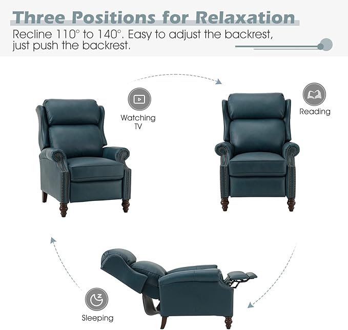 HULALA HOME Genuine Leather Recliner Chair, Traditional Manual Pushback Comfy Seating for Living Room, Thick Cushion & Solid Wood Legs, Wingback Recliner with Nailhead Trim, Turquoise