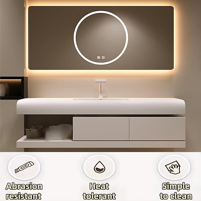 52IN Bathroom Vanity with Sink - Bathroom Cabinet Set has 2 Drawers & Overflow Hole Wall Mounted | LED Practical Defogging Mirror, Open Compartments, Seamless Rock Slab Basin (Cream White)