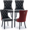 Leather Upholstered Dining Chairs Set of 4, Modern Style Kitchen Side Chairs with Nailhead Trim and Wood Leg, Metal Pulling Ring for Dining Room Living Room(Black&Wine Red)