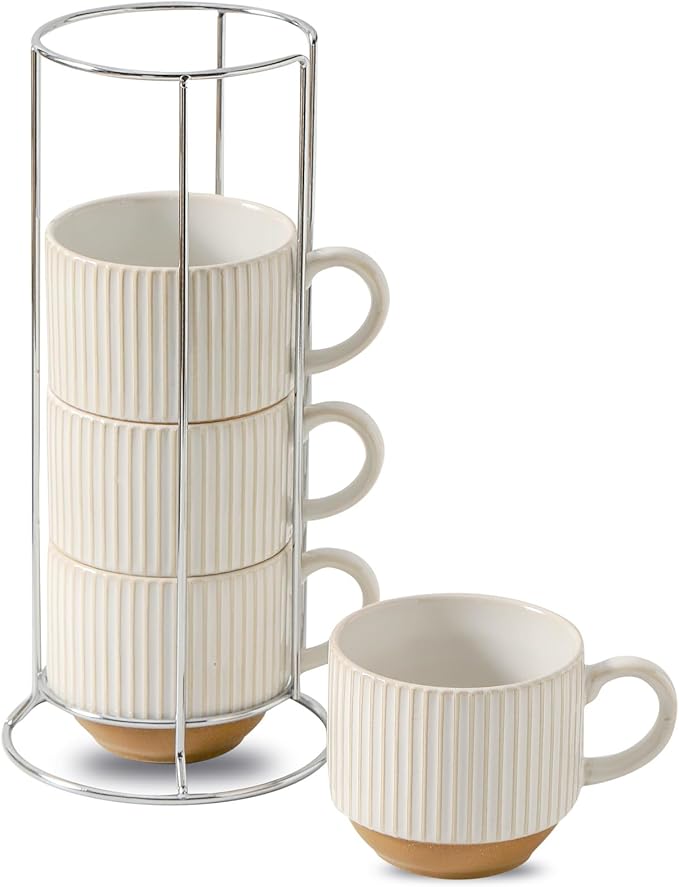Ceramic Coffee Mugs with Stand,15 Oz Stackable Coffee Cups Set of 4 for Latte,Milk,Tea,Gift for Thanksgiving Christmas Housewarming,Dishwasher & Microwave Safe,White Patchwork Color