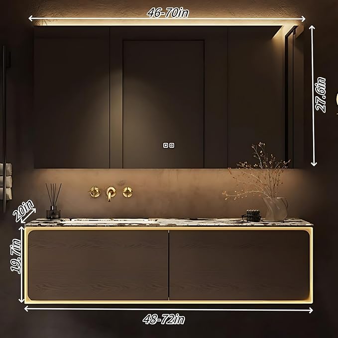 66IN Bathroom Vanity Set with a Single Sink - Embedded Sensor Light Strip & Large Capacity Floating Cabinet | Modern Bathroom Vanities with Defogging Mirror Surface & LED Lighting (Mirror Cabinet)