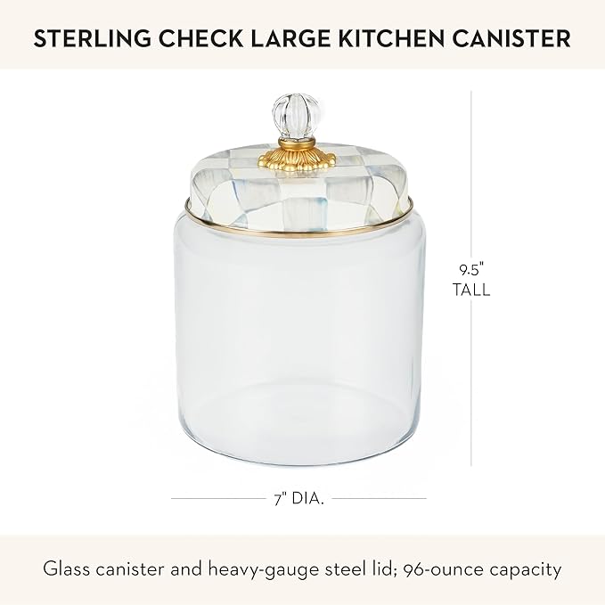MACKENZIE-CHILDS Sterling Check Kitchen Canister, Decorative Gray-and-White Glass Storage Jar with Lid, Large